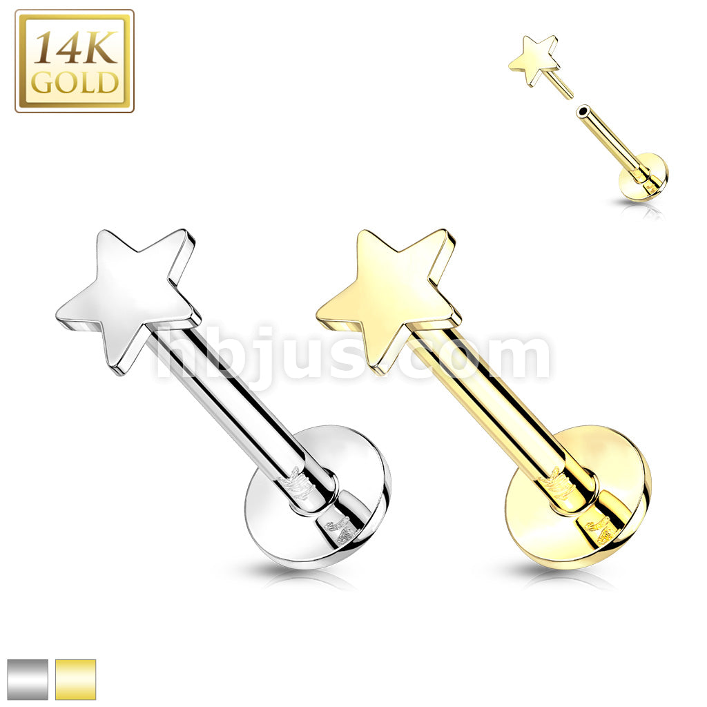 14KT  Gold 14K Gold Threadless Push-In Labret With Flat Star Top - Image 2