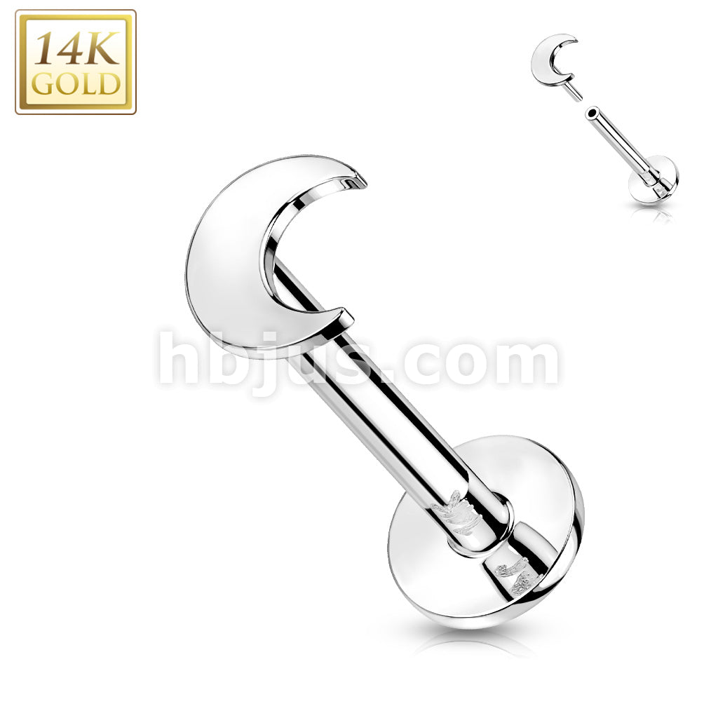 14KT  Gold 14K Gold Threadless Push-In Labret With Flat Crescent Moon Top - Image 3