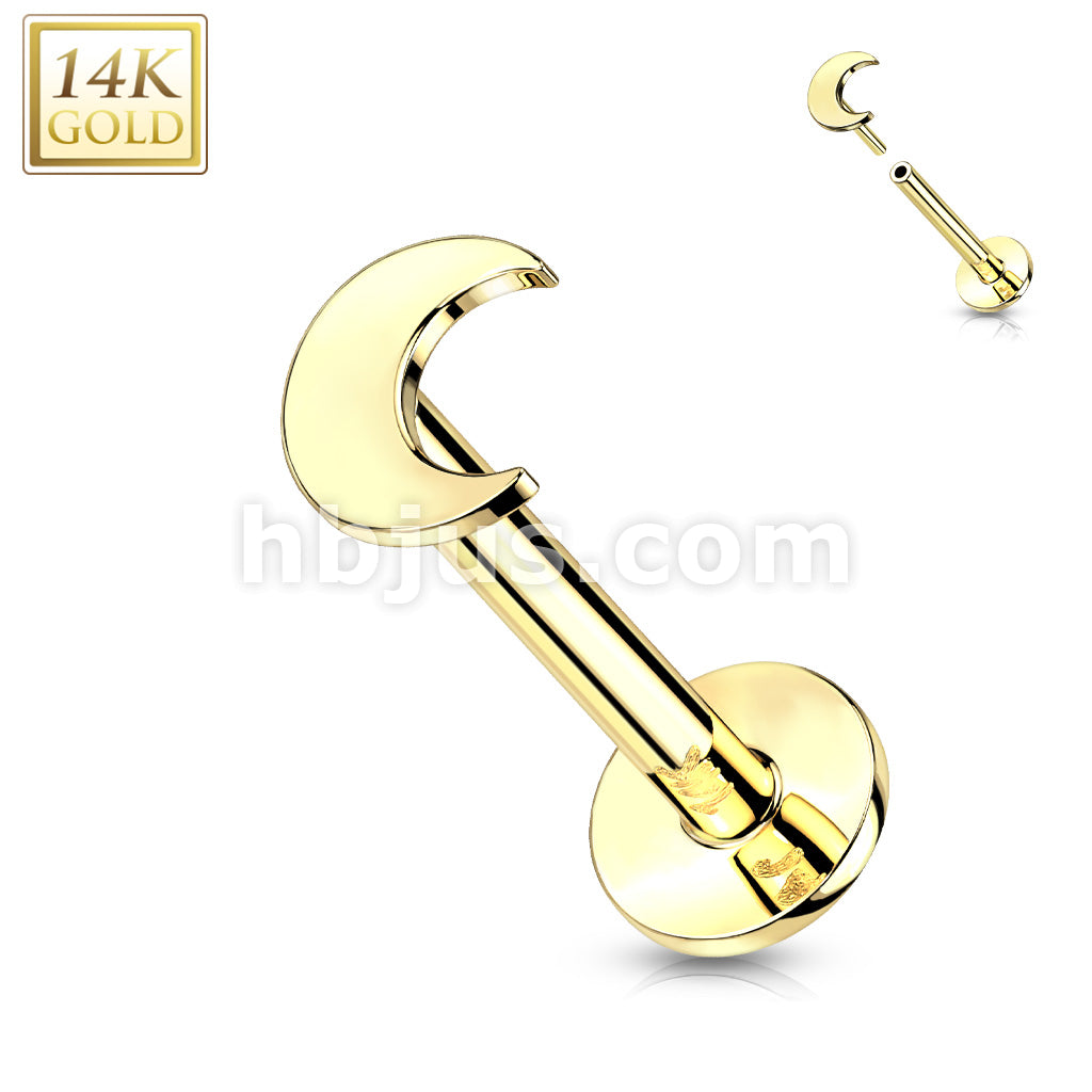 14KT  Gold 14K Gold Threadless Push-In Labret With Flat Crescent Moon Top - Image 4