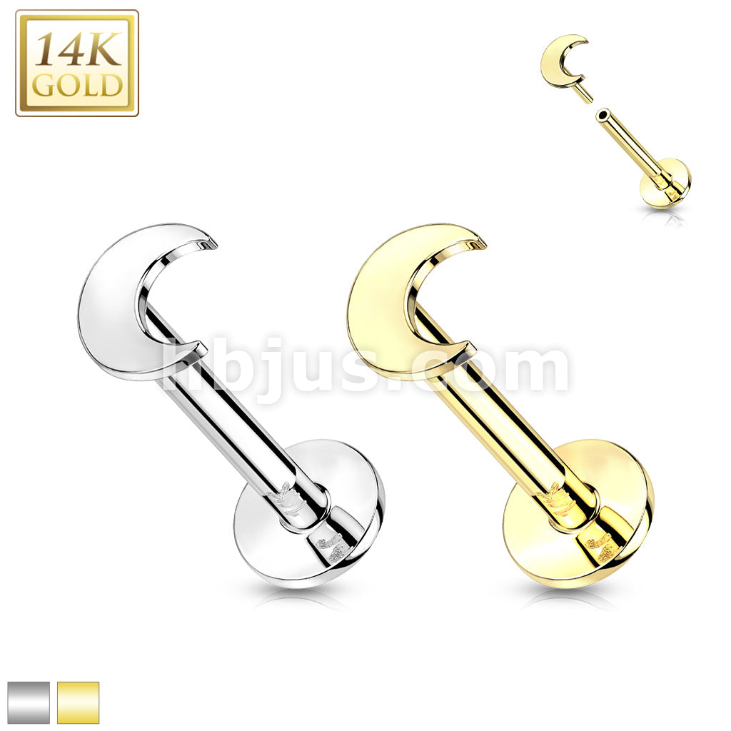 14KT  Gold 14K Gold Threadless Push-In Labret With Flat Crescent Moon Top - Image 2