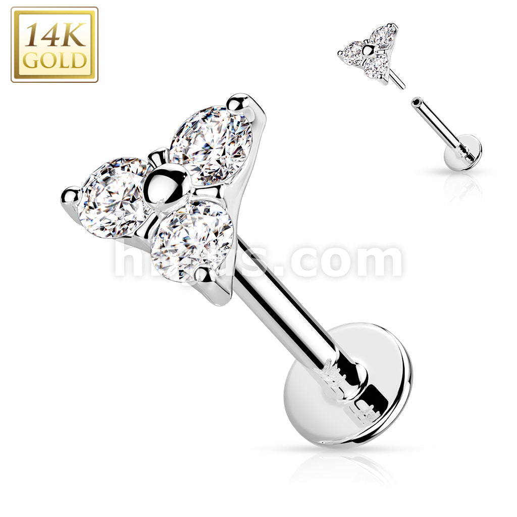14K Gold Threadless CZ Set Triangle Top Labret, Flat back Stud. - Image 3