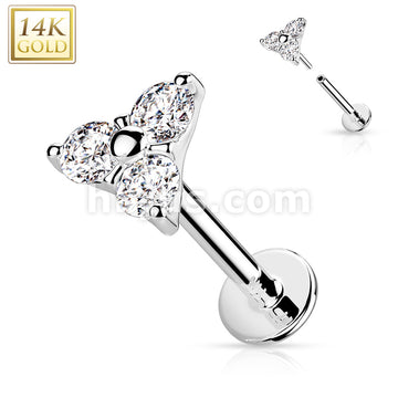 14K Gold Threadless CZ Set Triangle Top Labret, Flat back Stud. - Image 3