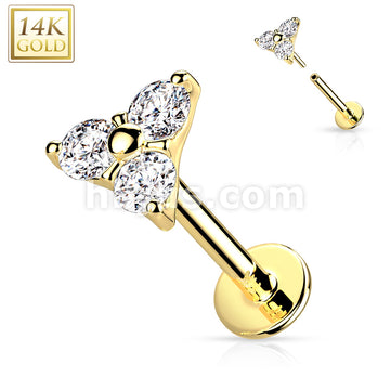 14K Gold Threadless CZ Set Triangle Top Labret, Flat back Stud. - Image 4