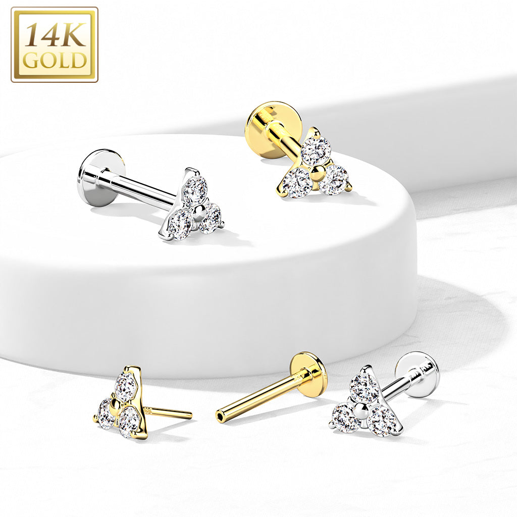 14KT Gold 14K Gold Threadless CZ Set Triangle Top Labret, Flat back Stud.