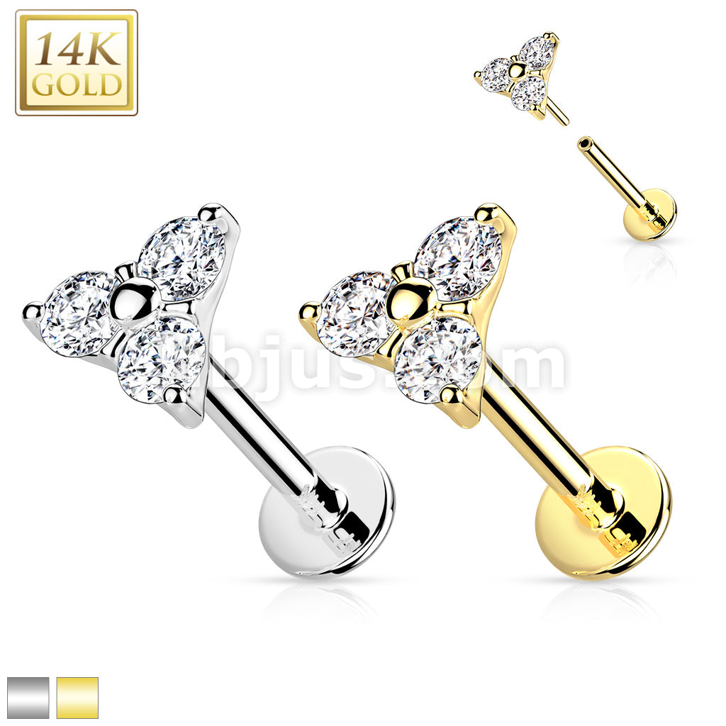 14K Gold Threadless CZ Set Triangle Top Labret, Flat back Stud. - Image 2