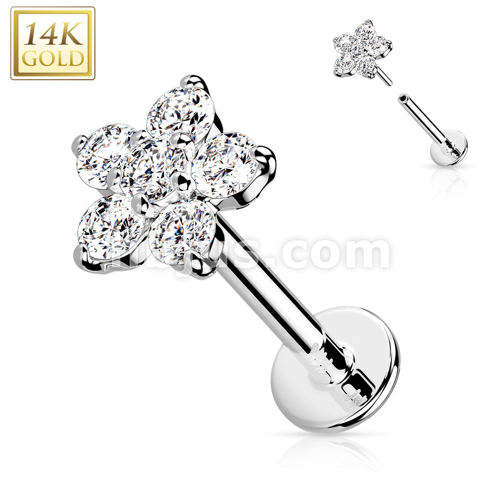 14KT  Gold 14K Gold Threadless CZ Flower Top Labret, Flat back Stud. - Image 2