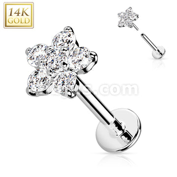 14KT  Gold 14K Gold Threadless CZ Flower Top Labret, Flat back Stud. - Image 2