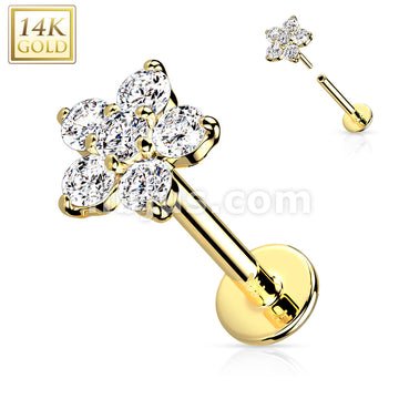 14KT  Gold 14K Gold Threadless CZ Flower Top Labret, Flat back Stud. - Image 3