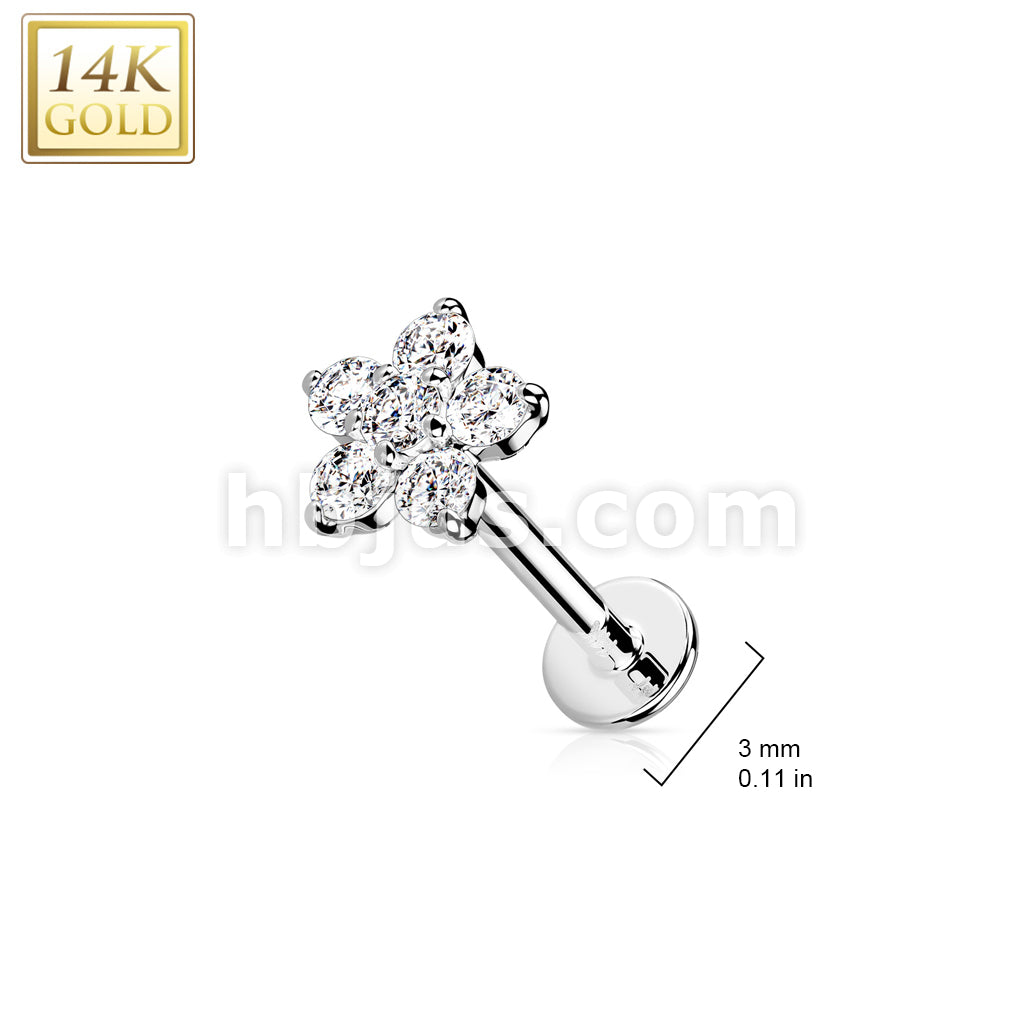 14K Gold Threadless CZ Flower Top Labret, Flat back Stud. - Image 4
