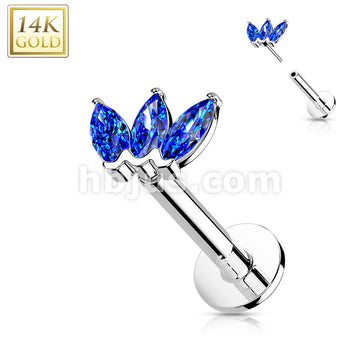 14K Gold Threadless Labret/Flat Back Stud with 3-Marquise CZ Top - Image 3