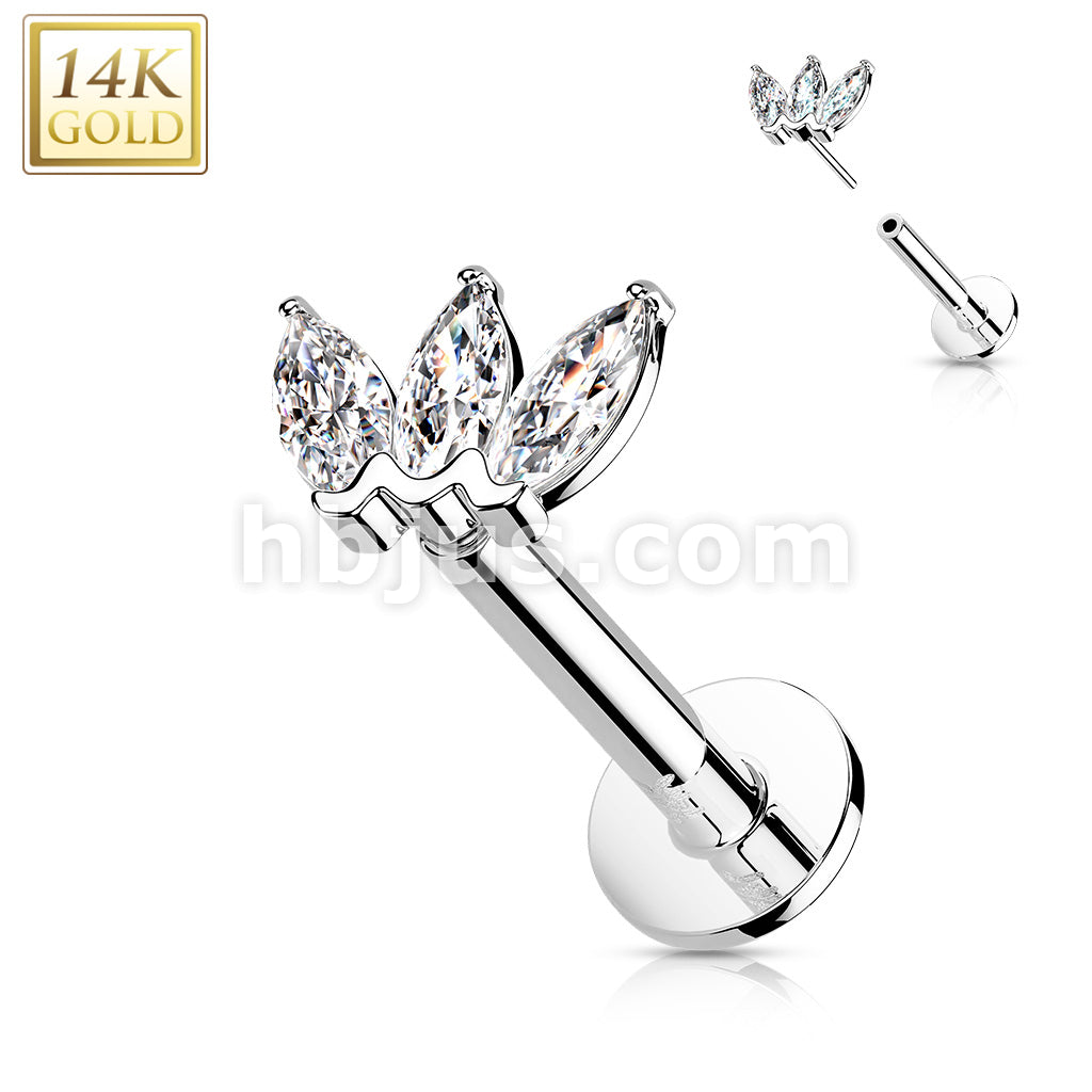 14K Gold Threadless Labret/Flat Back Stud with 3-Marquise CZ Top - Image 4