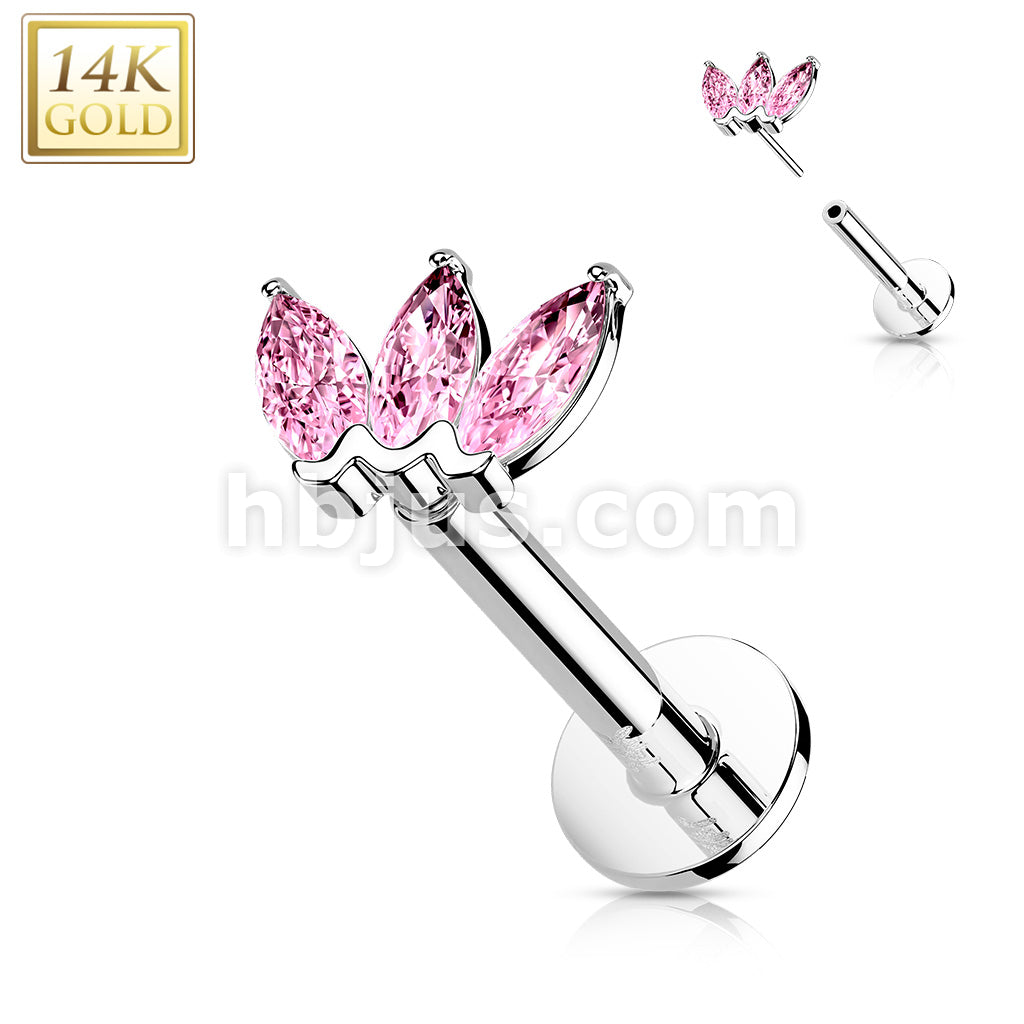 14KT  Gold 14K Gold Threadless Labret/Flat Back Stud with 3-Marquise CZ Top - Image 5