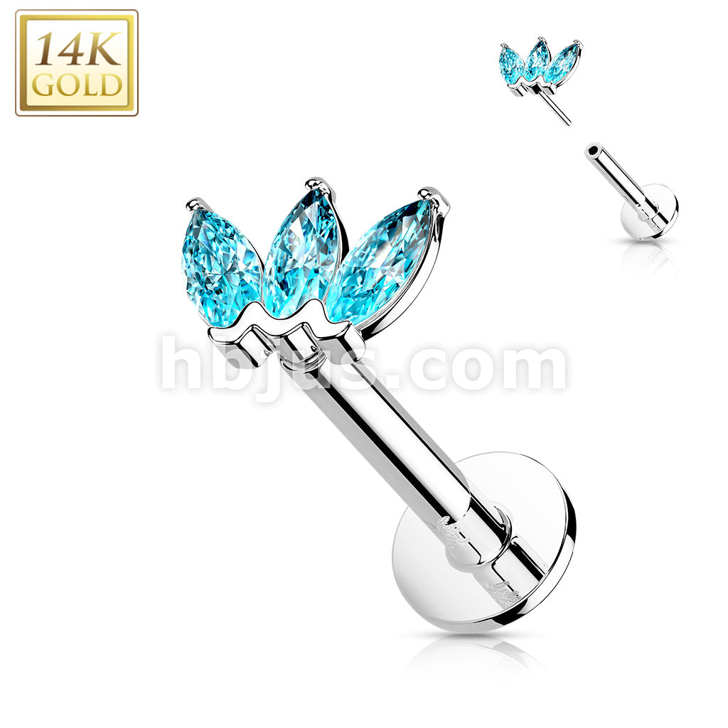 14KT  Gold 14K Gold Threadless Labret/Flat Back Stud with 3-Marquise CZ Top - Image 6