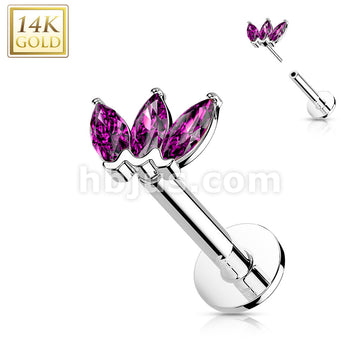 14K Gold Threadless Labret/Flat Back Stud with 3-Marquise CZ Top - Image 7