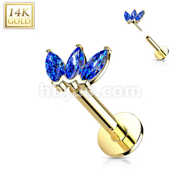14KT  Gold 14K Gold Threadless Labret/Flat Back Stud with 3-Marquise CZ Top - Image 8