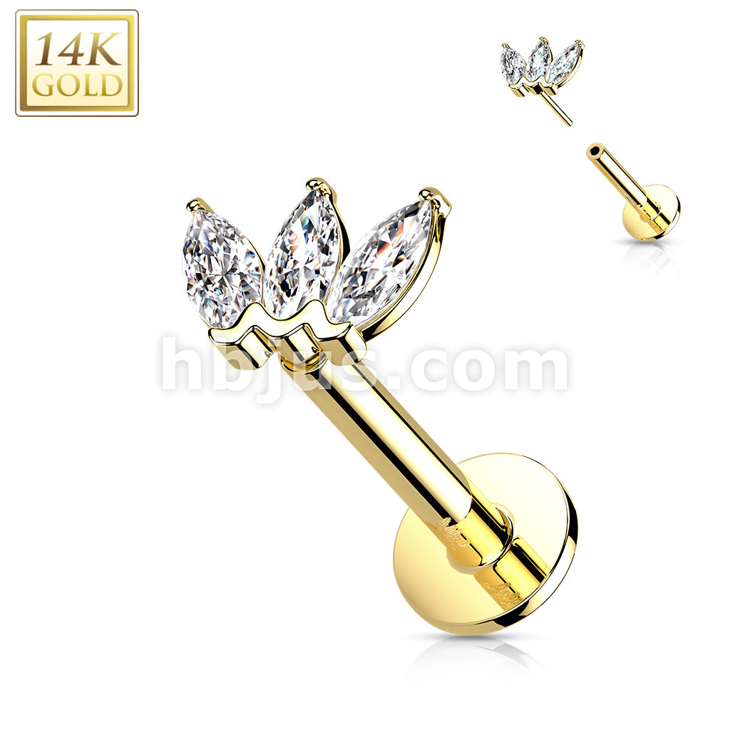 14KT  Gold 14K Gold Threadless Labret/Flat Back Stud with 3-Marquise CZ Top - Image 9