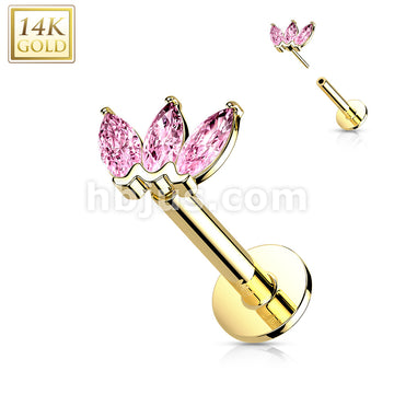 14KT  Gold 14K Gold Threadless Labret/Flat Back Stud with 3-Marquise CZ Top - Image 10
