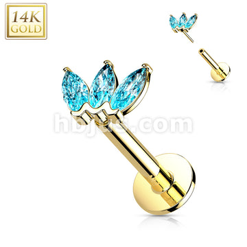 14KT  Gold 14K Gold Threadless Labret/Flat Back Stud with 3-Marquise CZ Top - Image 11