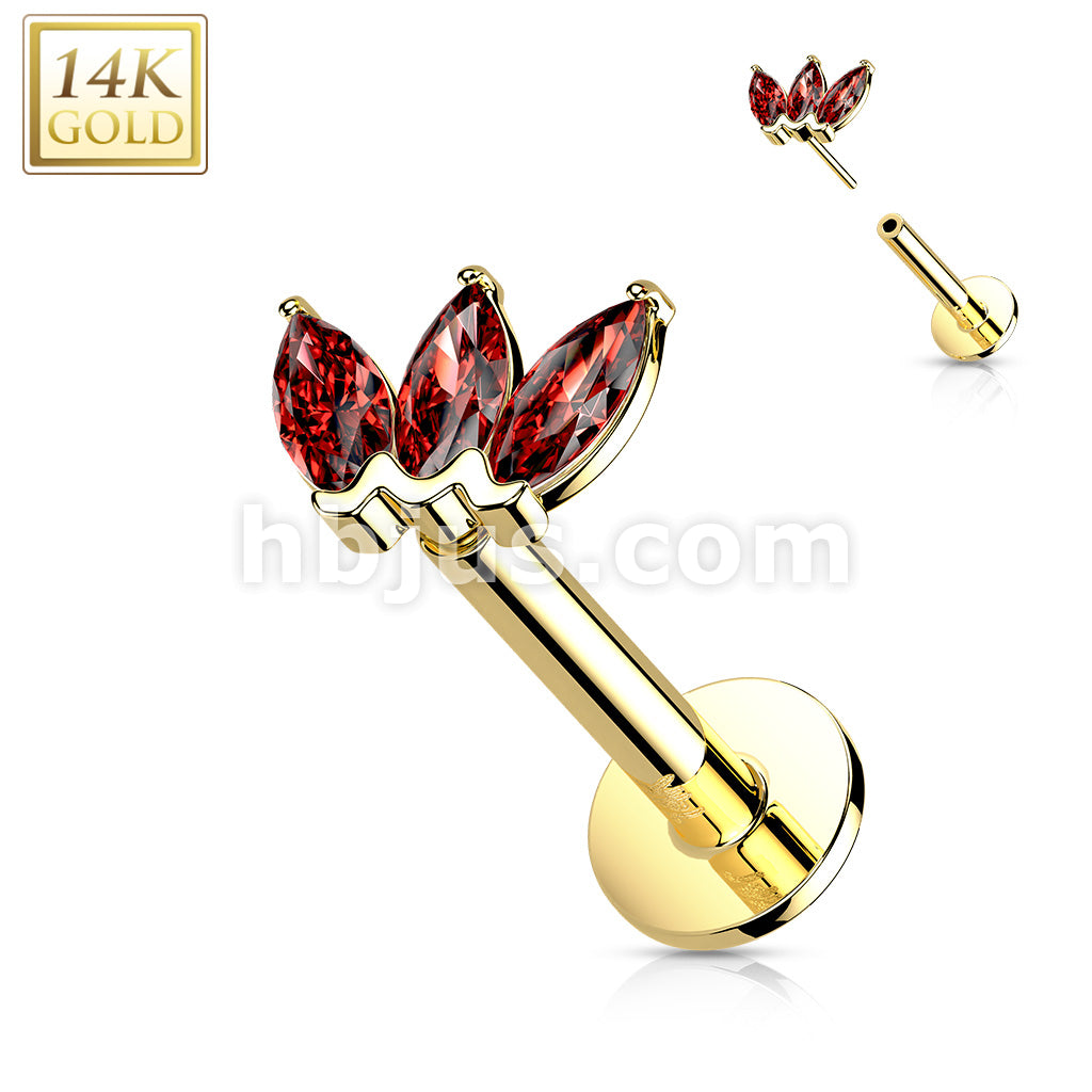 14KT  Gold 14K Gold Threadless Labret/Flat Back Stud with 3-Marquise CZ Top - Image 12
