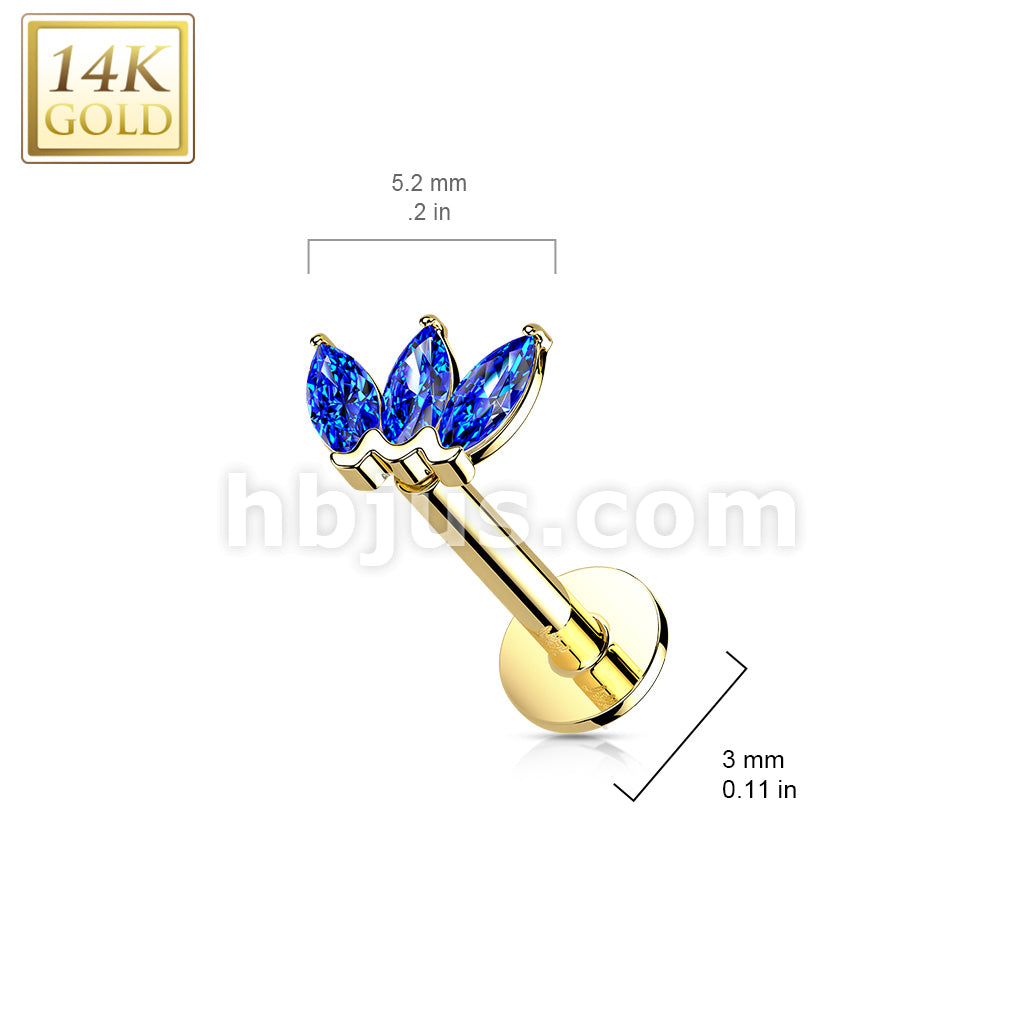 14KT  Gold 14K Gold Threadless Labret/Flat Back Stud with 3-Marquise CZ Top - Image 13