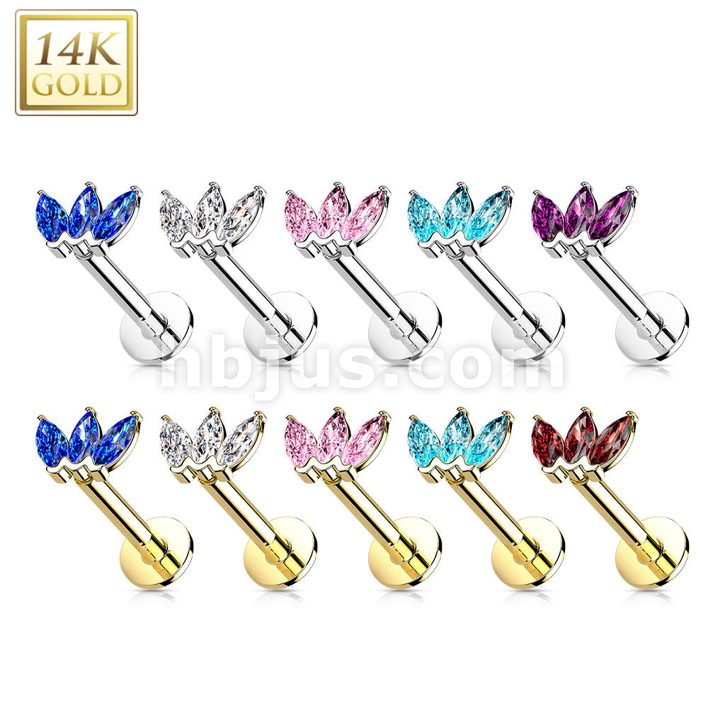 14K Gold Threadless Labret/Flat Back Stud with 3-Marquise CZ Top - Image 14