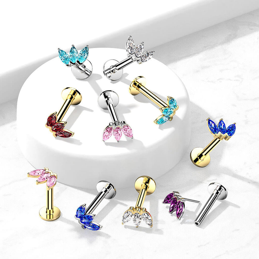 14KT Gold 14K Gold Threadless Labret/Flat Back Stud with 3-Marquise CZ Top