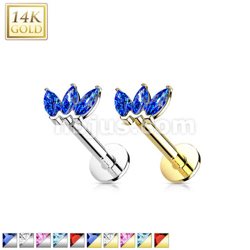 14K Gold Threadless Labret/Flat Back Stud with 3-Marquise CZ Top - Image 2