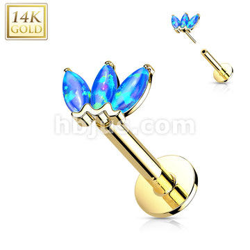 14K Gold Threadless Labret/Flat Back Stud with 3-Marquise Opa Top - Image 7