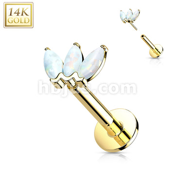 14K Gold Threadless Labret/Flat Back Stud with 3-Marquise Opa Top - Image 8