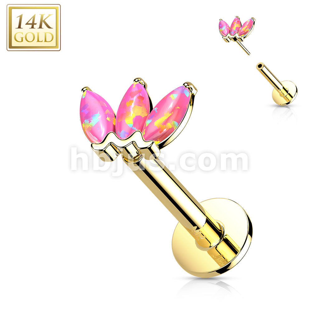 14K Gold Threadless Labret/Flat Back Stud with 3-Marquise Opa Top - Image 9