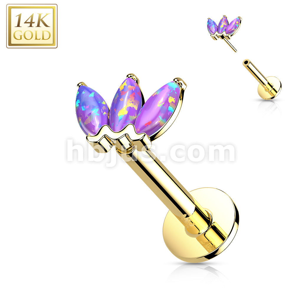 14KT  Gold 14K Gold Threadless Labret/Flat Back Stud with 3-Marquise... - Image 10