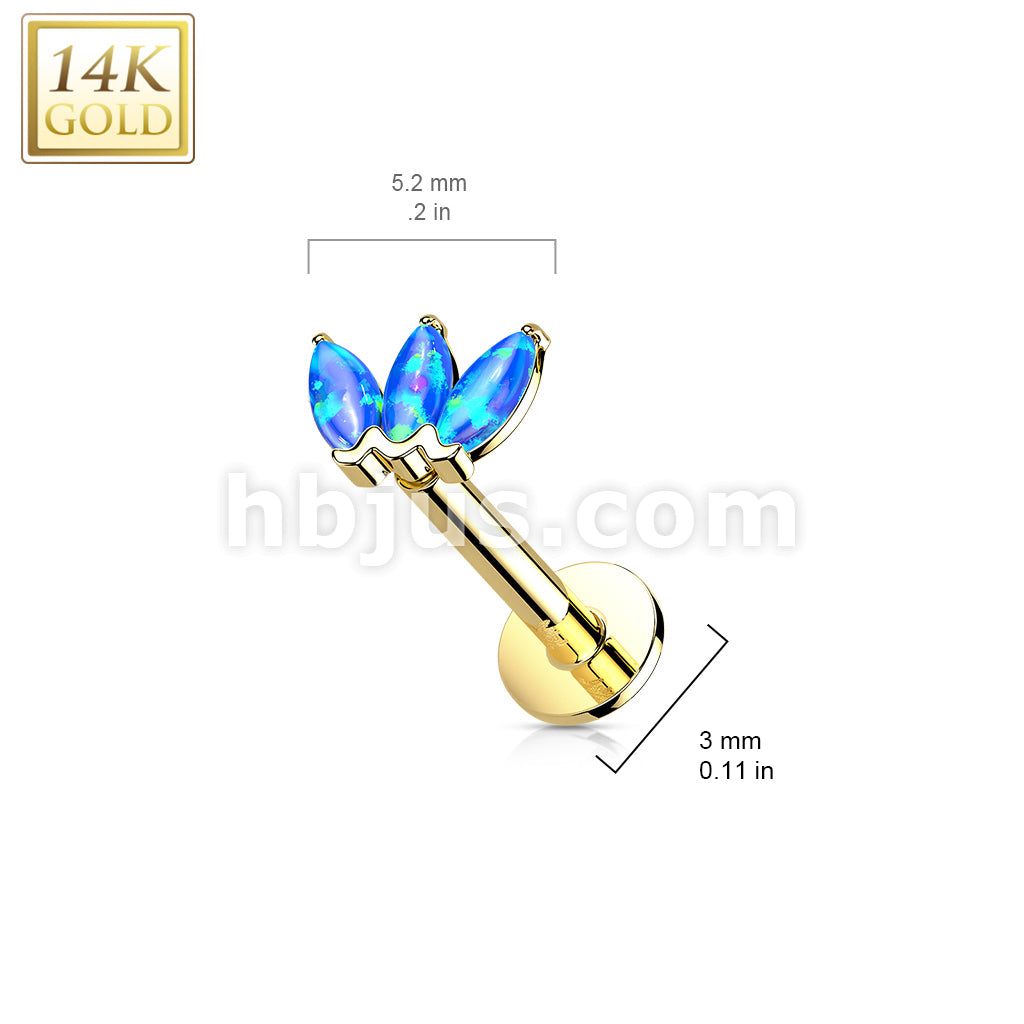 14K Gold Threadless Labret/Flat Back Stud with 3-Marquise Opa Top - Image 11