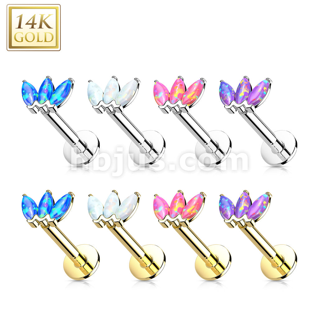 14K Gold Threadless Labret/Flat Back Stud with 3-Marquise Opa Top - Image 12