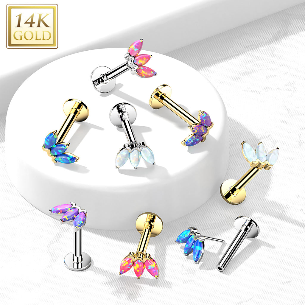 14KT Gold 14K Gold Threadless Labret/Flat Back Stud with 3-Marquise...