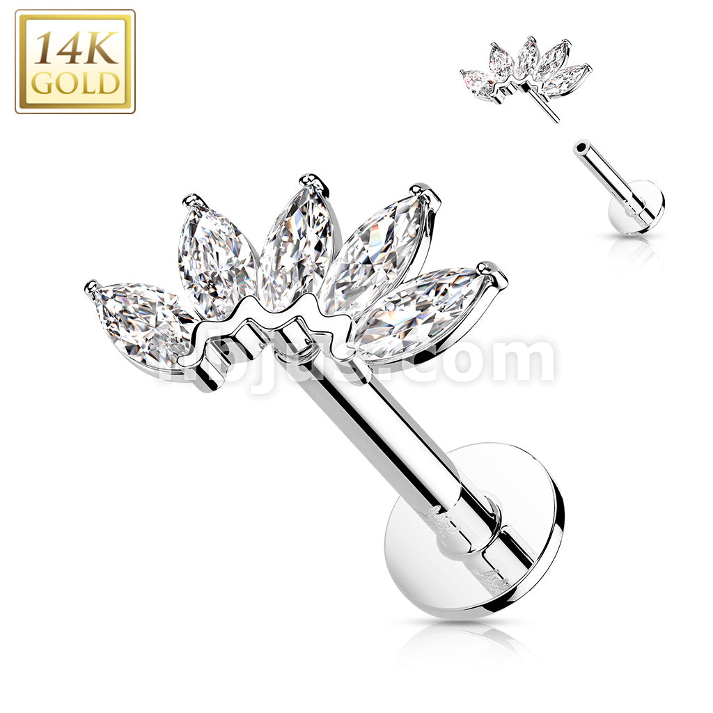 14K Gold Threadless Labret/Flat Back Stud with 5-Marquise CZ Fa Top - Image 4
