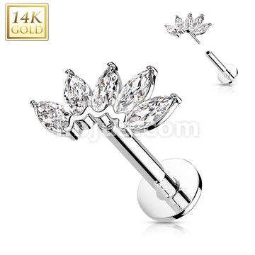 14KT  Gold 14K Gold Threadless Labret/Flat Back Stud with 5-Marquise CZ... - Image 4