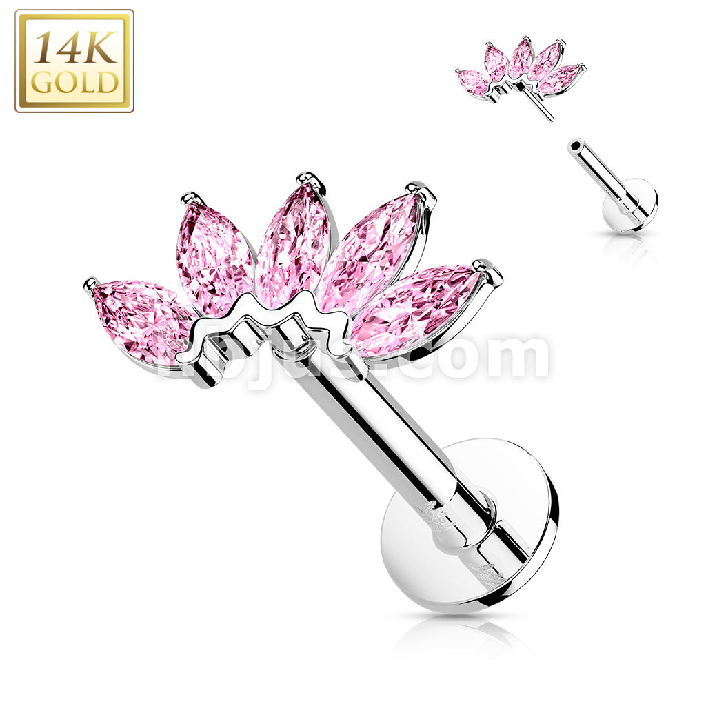 14KT  Gold 14K Gold Threadless Labret/Flat Back Stud with 5-Marquise CZ... - Image 5