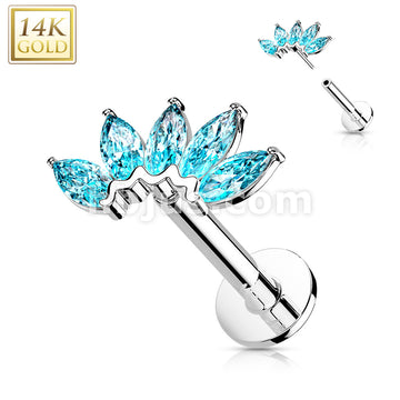 14KT  Gold 14K Gold Threadless Labret/Flat Back Stud with 5-Marquise CZ... - Image 6