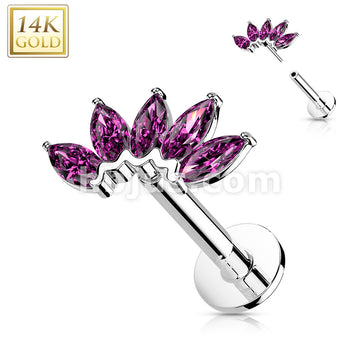 14KT  Gold 14K Gold Threadless Labret/Flat Back Stud with 5-Marquise CZ... - Image 7