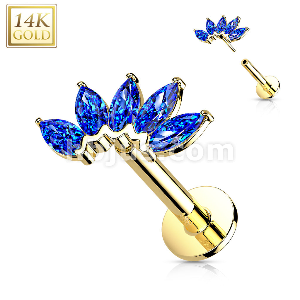 14KT  Gold 14K Gold Threadless Labret/Flat Back Stud with 5-Marquise CZ... - Image 8