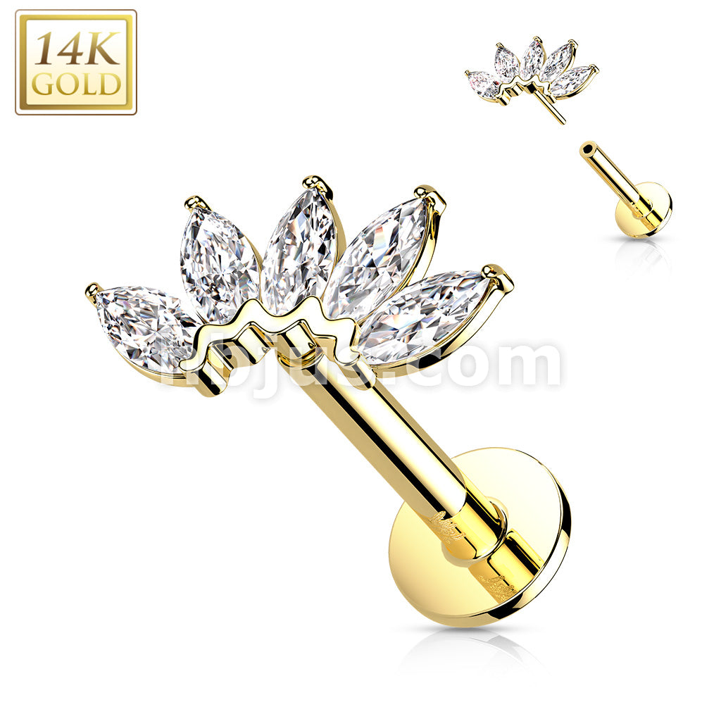 14KT  Gold 14K Gold Threadless Labret/Flat Back Stud with 5-Marquise CZ... - Image 9