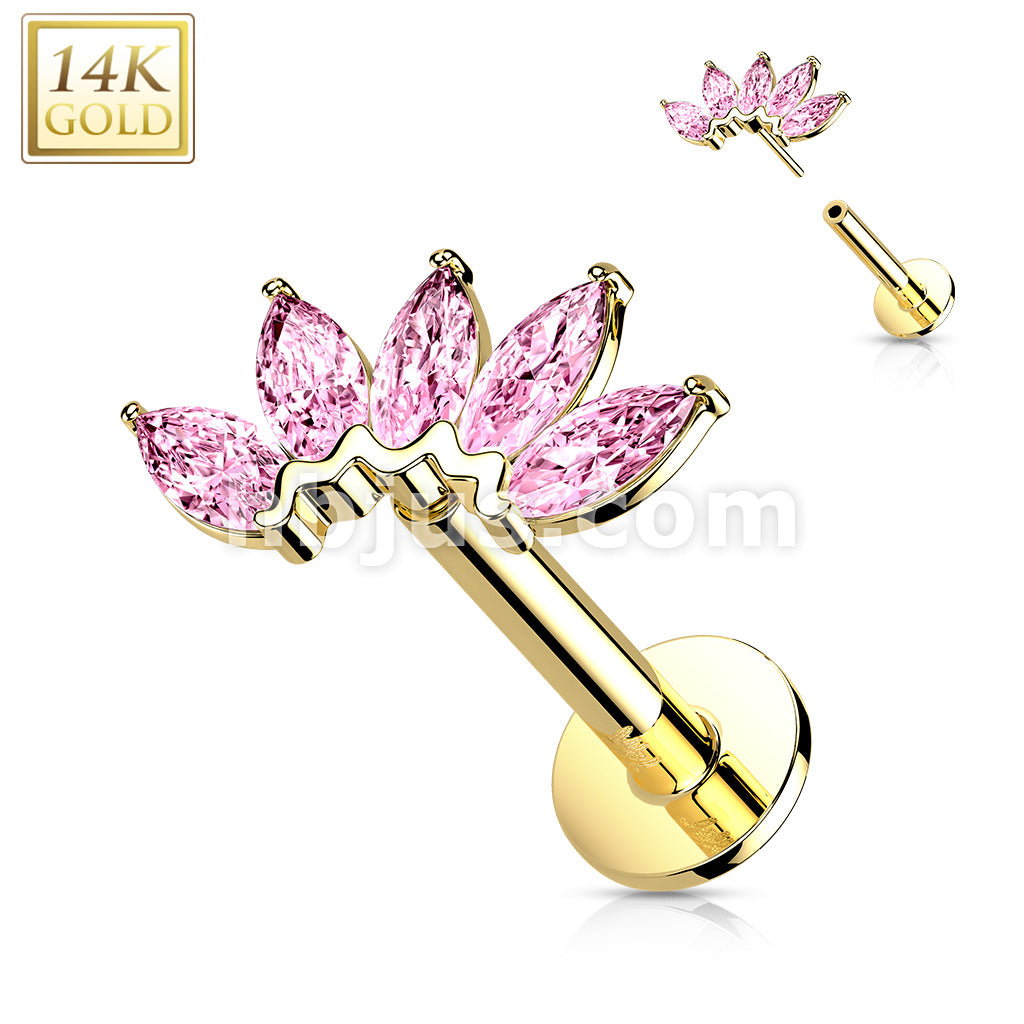 14KT  Gold 14K Gold Threadless Labret/Flat Back Stud with 5-Marquise CZ... - Image 10