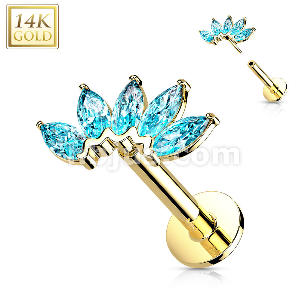 14KT  Gold 14K Gold Threadless Labret/Flat Back Stud with 5-Marquise CZ... - Image 11