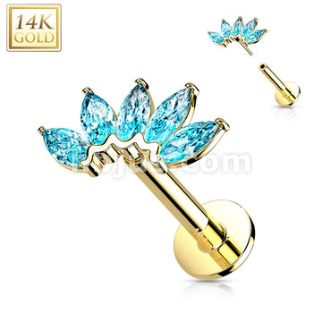 14KT  Gold 14K Gold Threadless Labret/Flat Back Stud with 5-Marquise CZ... - Image 11
