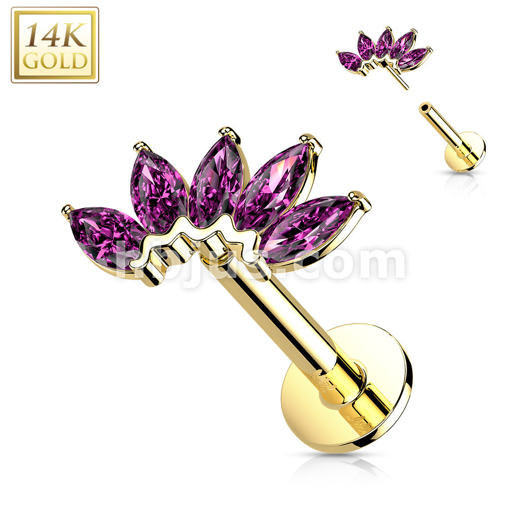 14K Gold Threadless Labret/Flat Back Stud with 5-Marquise CZ Fa Top - Image 12