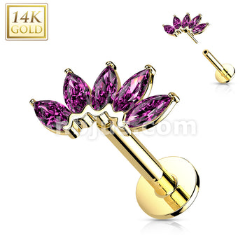 14KT  Gold 14K Gold Threadless Labret/Flat Back Stud with 5-Marquise CZ... - Image 12