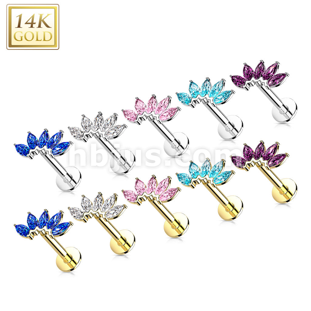 14K Gold Threadless Labret/Flat Back Stud with 5-Marquise CZ Fa Top - Image 14