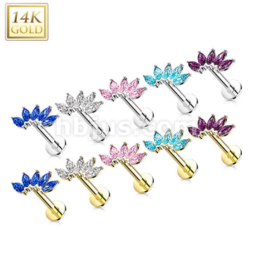 14K Gold Threadless Labret/Flat Back Stud with 5-Marquise CZ Fa Top - Image 14
