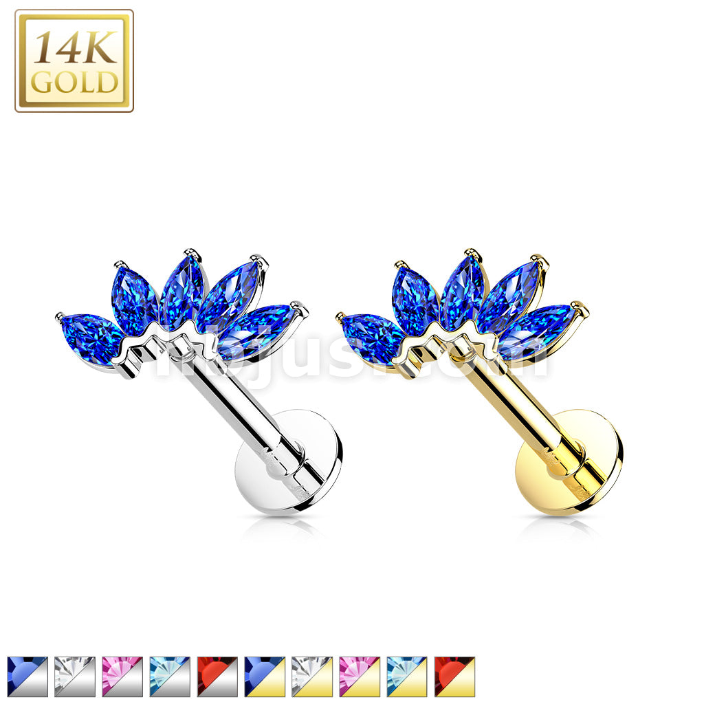 14K Gold Threadless Labret/Flat Back Stud with 5-Marquise CZ Fa Top - Image 2