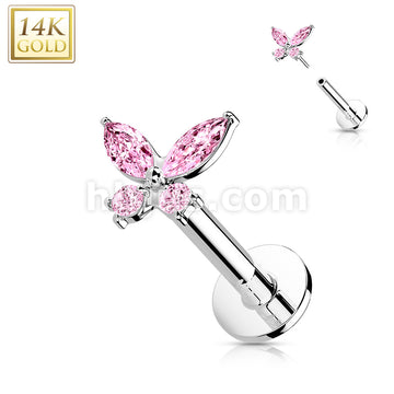 14K Gold Threadless Labret/Flat Back Stud with CZ ButterflTop - Image 4